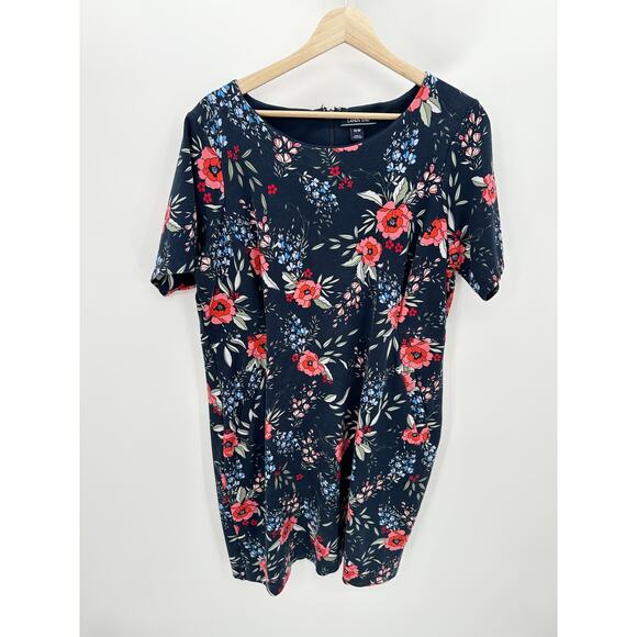 Land's End Blue Coral Floral Sheath Dress Faux Pockets Short Sleeve Women 16W - Picture 1 of 11